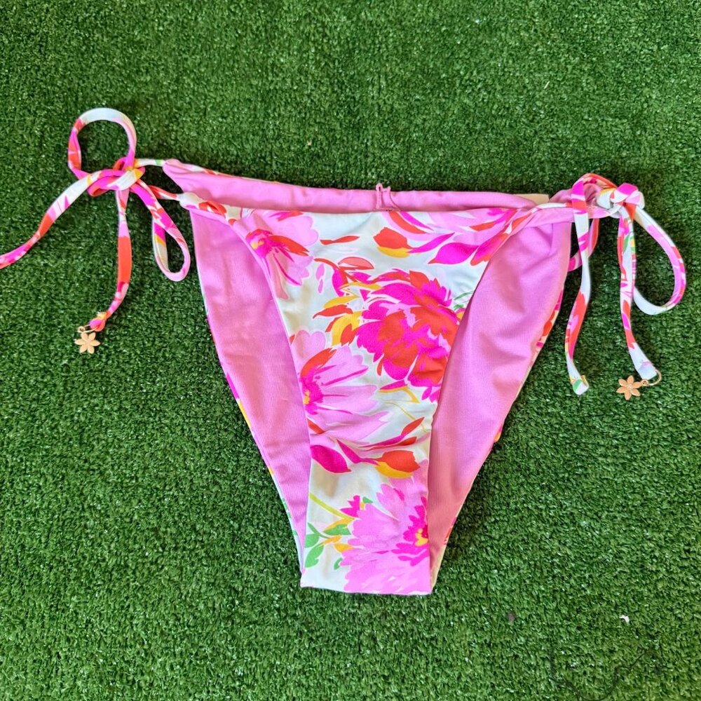 TiniBikini Tie Side Reversible Pink Floral Bikini Bottoms Swimwear Size L NEW